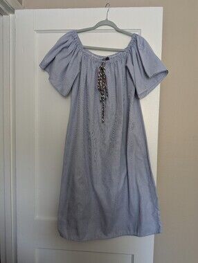 Mumu Sz 2x Pinstripe Blue With Bell Sleeves And Braided Embellishments
